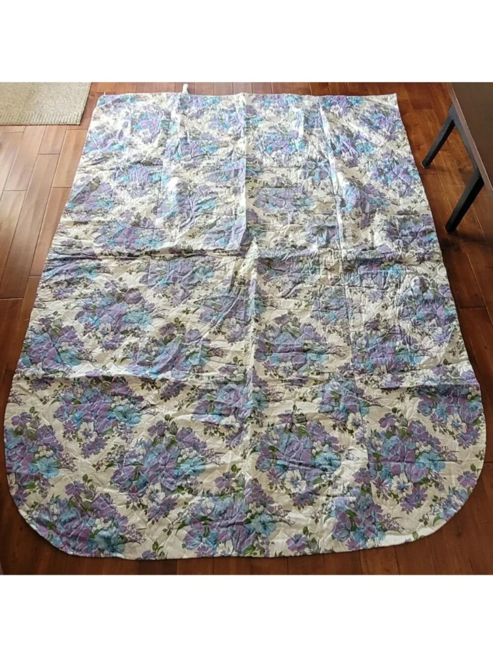 Vintage 70s Blue and Purple Floral Print Twin Size Bedspread Quilted Coverlet